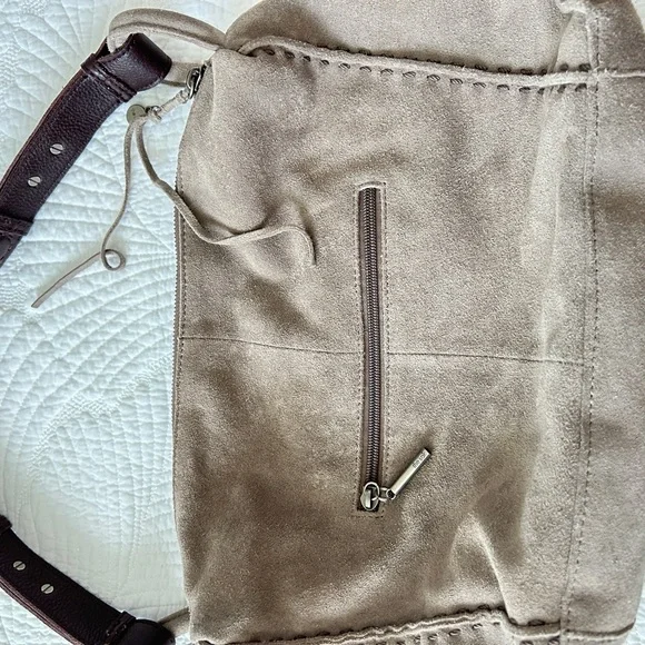 Taupe Suede Sak Shoulder Bag with Brown Leather Strap - Picture 4 of 12